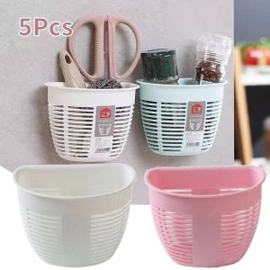 1/5Pcs Wall Mounted Hollow Storage Basket Adhesive Non Drilling Toilets Rack Plastic Kitchen Storage