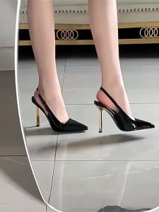 WomenS High Heels 2025 Summer New Hollow Black Pointed Toe Elegant Small Gold Heel Patent Leather Closed-Toe Stiletto Sandals