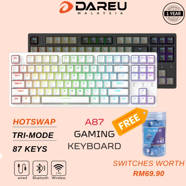 DAREU A87 Tri-mode Gaming Keyboard Mechanical HOTSWAP 87 keys RGB Multiple Device Wired Wireless Bluetooth Customized Sky Switch 达尔优 机械键盘