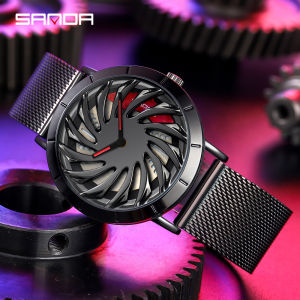 SANDA Mens Outdoors Sport Wheel Wristwatch Men Fashion Creative 360 Rotating Dial Stainless Steel Mesh Strap Waterproof Quartz Watch