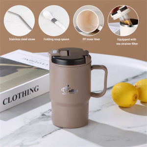 VIVOLILV 600ml Stainless Steel Coffee Cup With High Appearance Spoon Lid Handle Straw Mug Portable Travel 304 Stainless Steel Vacuum Bottle Insulated Cup