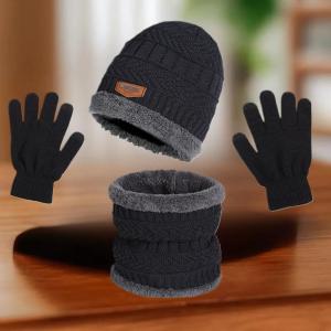 【Clementty】 3-Piece Winter Mens Hat Set Scarf Gloves And Neck Warmer All In One Fleece-Lined Knitted Hat