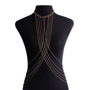 Gold Alloy Multilayer Crossed Body Chain For Women Parties Dates Beachwear Lingerie Stylish Layered Design