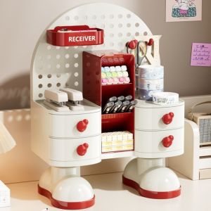 XUANY รูปแบบลิ้นชัก ชั้นเก็บของแบบรู พลาสติก ความจุขนาดใหญ่ ที่วางปากกาสำหรับนักเรียน หลายฟังก์ชัน ผู้จัดงาน กล่องเก็บเครื่องเขียนบนโต๊ะทำงาน สำหรับบ้าน