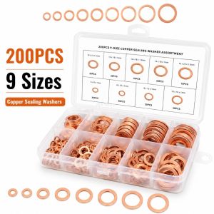 200pcs Copper Washer Gasket Set Nut & Bolt Assorted Sizes M5/M6/M8/M10/M12/M14 with Storage Box for Sump Plug Repair h260520