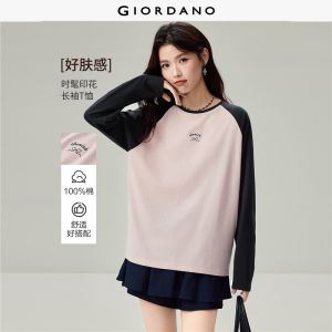 GIORDANO Women T-Shirts 100% Cotton Embroidery Tee Crewneck Raglan Sleeve Fashionable Casual Loose T-Shirts 13326612