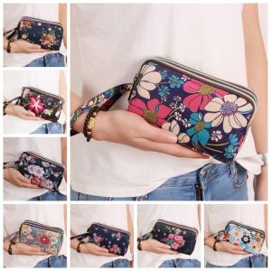 COLOO Waterproof Flower Wallet Print Fabric Phone Purse Canvas Wallet Fashion Wrinkle Clutch Bag Flower Coin Purse Ladies