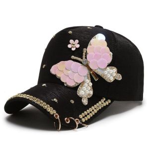 MIRELAE Sequined Butterfly Shiny Baseball Cap Versatile Rhinestones Peaked Cap Trendy Breathable Womens Sun Hat Summer Spring