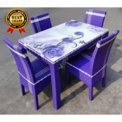 Meja Makan Rotan 4 Kursi High Quality Kaca Motif