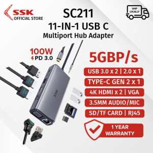 SSK SC211 Type C Adapter Dual HDMI Triple Display HUB 4K USB C Docking Station With HDMI VGA PD Charging Data Port USB C HUB