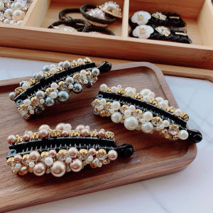 HOUMENG Elegant Fashion Girls Hair Accessoires Geometric Hairpins Hair Crabs Pearl Banana Clips Hair Claws Vertical Clip