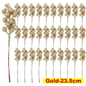 30PCS Artificial Glitter Berries Stems Gold Powder Xmas Tree Fake Flower Ornament Red Green Silver Holly Berry Christmas Decor