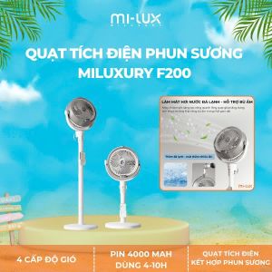 Quạt Tích Điện Phun Sương Miluxury F200 Làm Mát & Tạo ẨmHoạt Động Êm Ái Pin 4000 MAH Sử Dụng Đến 10 Tiếng