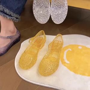 [Free Shipping] Womens Summer Outdoor Sandals with Crystal Toe Cover Jelly Style Trendy Versatile Two-Way Wear Roman Hollow Sandals