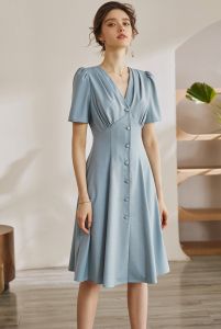 Đầm xòe xanh trơn tối giản công sở dự tiệc tay ngắn