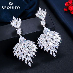 SEQUITO Luxury Brilliant Cut Clear Leaf Cubic Zirconia Long Feather Drop Dangle Jewelry Bridal Hanging Earrings for Wedding SE295