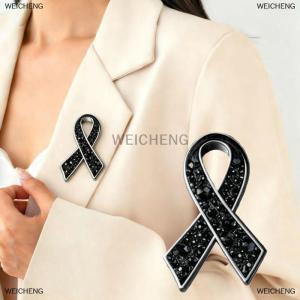 [COD] WEICHENG Black Rhinestones Ribbon Brooch Pin Funerals Memorial Pin Mourning Badge For Women Men Suit Shirt Scarf Jewelry Accessories
