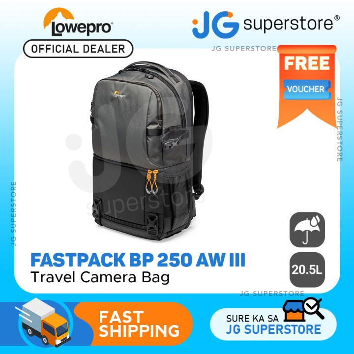 Lowepro Fastpack BP 250 AW III Travel Backpack Bag with Rain Cover for DSLR Mirrorless Cameras Lenses Black Gray JG Superstore Lazada PH