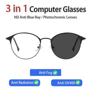 WNQNW Photochromic Anti Radiation Eye Glasses Anti Fog For Women Men Anti rad 3 in 1 Sun Adaptive Glass Anti Blue Ray Transition Eyeglass Specs Replaceable Anti Blue Light Glare Computer Round Metal Frame Anti UV400 Auto Changing Color Sunglasses