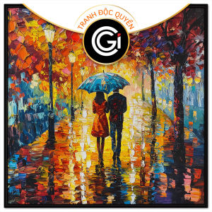 Tranh tình yêu phong cảnh cặp đôi che dù đi dưới cơn mưa mùa thu ban đêm rực đèn.Tranh treo tường dán tường.CGI-1168