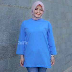 Kaos Oversize Wanita Lengan Panjang 7/8 Basic Polos Biru Belah Samping Atasan Jumbo Dewasa XXL LD130