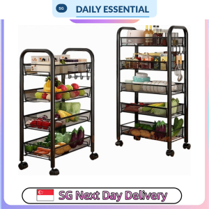 【DAILY ESSENTIAL】 Metal Storage Trolley with Wheels Black White 3 4 5 Tier