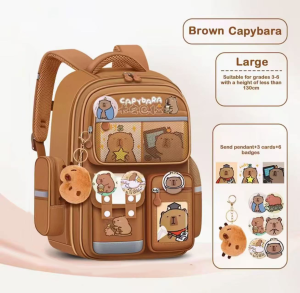 Waterproof Capybara Backpack Large Capacity with Card Badge Doll Backpack Cartoon Widen Straps School Bag for Students