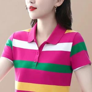 Fashion High Quality Womens Short Sleeve Striped Polos Shirts Casual Summer Ladies Lapel Tees Slim Female Polo Tops