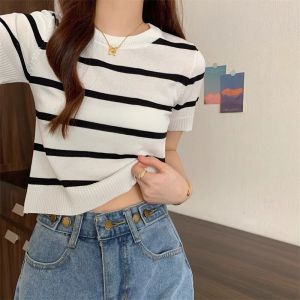 ⚡Port⚡ blouses women new style 2025 Korean Contrast Color Striped Knitted Short-sleeved T-shirt Womens Summer Design Niche Slim Short Top 2️⃣0️⃣2️⃣5️⃣