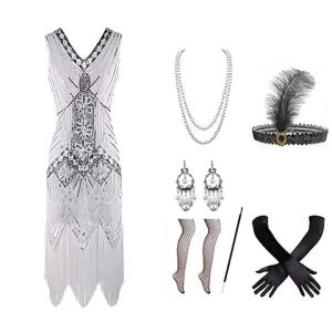 1920s Gatsby Cosplay Sequin Beaded Fringed Paisley Flapper Dress with 20s Accessories Set New Party Costume
