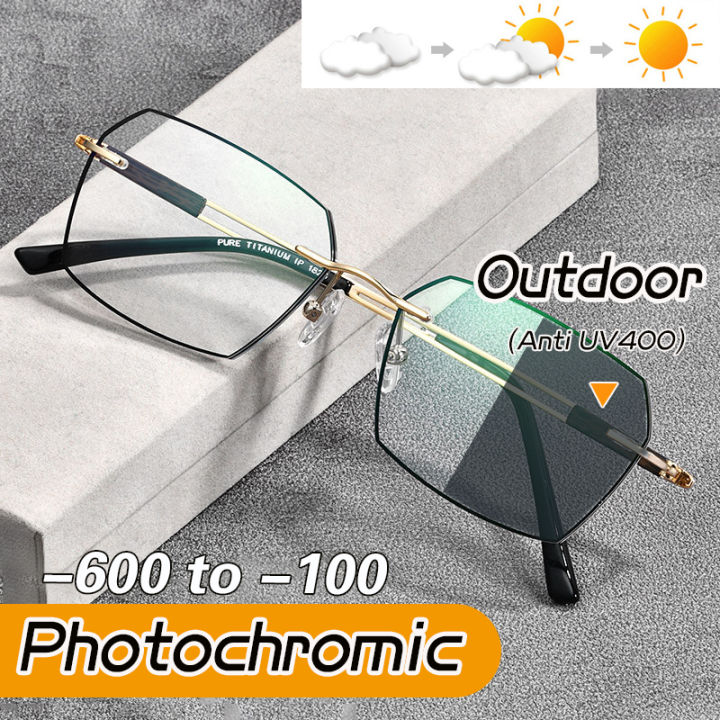 【photochromic】 6 0 To 1 0 Myopia Eyeglasses Frameless Myopia Glasses Anti Blue Light