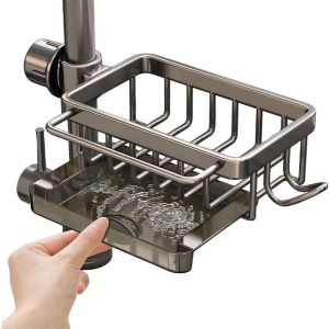 KECTTIO Space Aluminum Kitchen Sink Faucet Organizer Detachable Hook Dish Sponge Holder Easy To Install Rustproof Sink Drip Shelf Bathroom