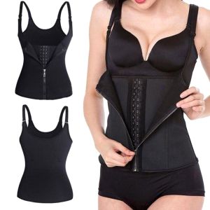 Women Body Shaper Waist Trainer Cincher Corset Strap Zip Up Vest Black Slim Top