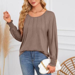 Womens Long Sleeve Shirts Pleated Casual Blouses with Smocked Cuffs F3MD