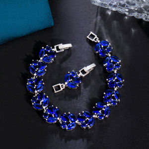 SEQUITO High Quality Silver Color Women Jewelry Paved Purple Green Red Blue Pink AAA CZ Crystal Stones Korean Style Leaf Bracelet for Daily Party Bangle B209