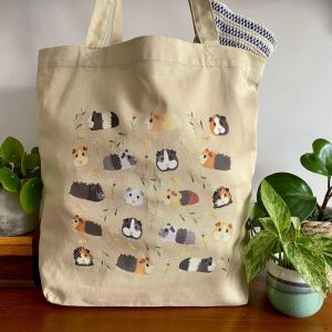 Reusable organic cotton fabric bag with guinea pig design