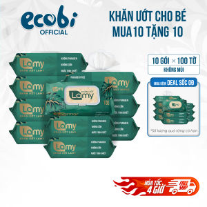 Thùng 10 gói khăn ướt Lamy 100 tờ không cồn không parabens cao cấp dành cho em bé