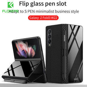 FLOVEME Luxury Glass Painted Phone Case For Samsung Galaxy Z Fold 3 5G HD With Pen Slot Phone Stand Plain Flip Back Cover For Galaxy Z Fold 3