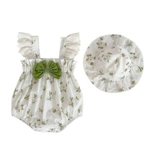 Girl Baby Floral Clothes Romper+Hat 0-18 Months Baby Newborn Baby Lace Short-sleeved Cute Bow Romper