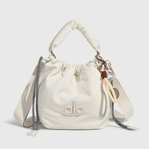 Alo Drawstring Bucket Tote Bag Women Padded Handle Oxford Nylon Crossbody Sling Bag Adjustable Wide Strap Casual Sports Handbag with Tennis Racket Pendant Charm