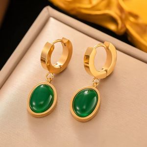 ต่างหูสแตนเลสสีเขียวมรกตแฟชั่นต่างหูเครื่องประดับทองคำเพทายหยกสีเขียวแนววินเทจที่เรียบง่ายทันสมัยเครื่องประดับไม่ซีด