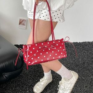 Elegant Polka Dot Underarm Bag Long Shoulder Strap Glossy Finish PU Bow Shoulder Bag Minimalist Design Slim Rectangular Handbag