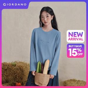 Giordano Women Floral applique crewneck long sleeve tee Free Shipping 18326716