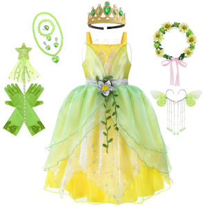Girls Tiana Princess Frog Cosplay Dress Luxury Flower Applique Sling Frocks Kids Princess Theme Birthday Party Costume