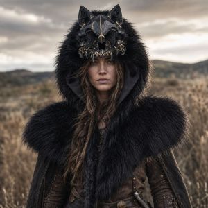 IVYAN Medieval Style Wolf Skull Hood Furry Viking Costume Warrior Mantle Hat Shawl Cape Headdress Halloween Headgear Halloween Party