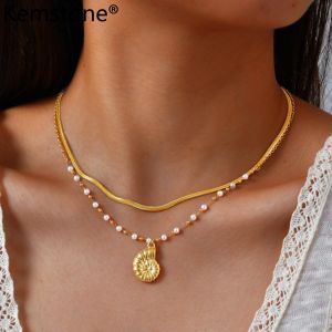 Kemstone Stainless Steel Double Layer Conch Necklace 18K Gold Tone Summer Beach Vacation Jewelry Gift for Women