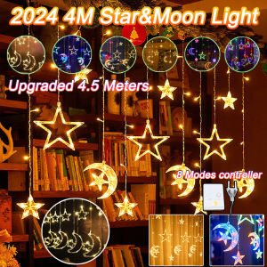 ⭐🌙Hari raya lights Star&Moon 4.5M Curtain Light Fairy Lights 8 mode Lighting EU PLUG Outdoor Waterproof LED Raya Hari Decoration 2026
