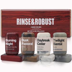 Rinse & Robust Bar Soap for Men - 4Pcs Exfoliating & Moisturizing 4-in-1 Cleansing Bar Set for Face Body Hands & Shave All Skin Types Luxury Fathers Day Gift Set(4 x 5.3 oz)