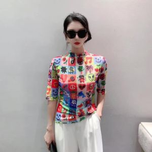Ammin 2024 Áo thun cotton ngắn tay in họa tiết vẽ bậy nhếch nhếch nhếch mép thời trang mùa xuân Vòng cổ đơn giản hè in hoạt hình phong cách Hàn Quốc nữ áo Áo Blouse thanh lịch Tay Dài 5 phần tư cỡ lỡn thoải mái thường ngày