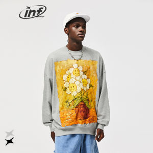INFLATION Brand oil painting sunflower round neck sweater 2022 autumn new 330g terry smiley print top men